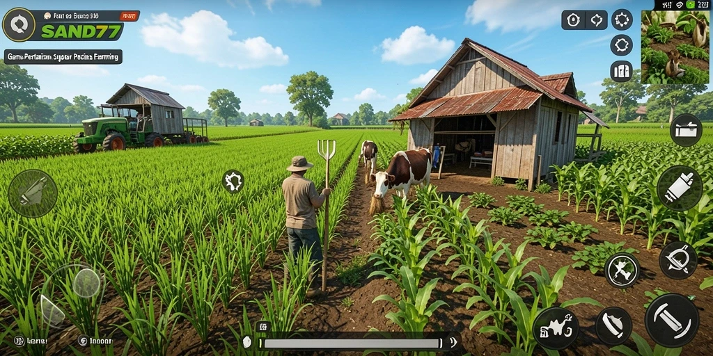 Tampilan gameplay SAND77 menunjukkan lahan pertanian yang subur dan berwarna.